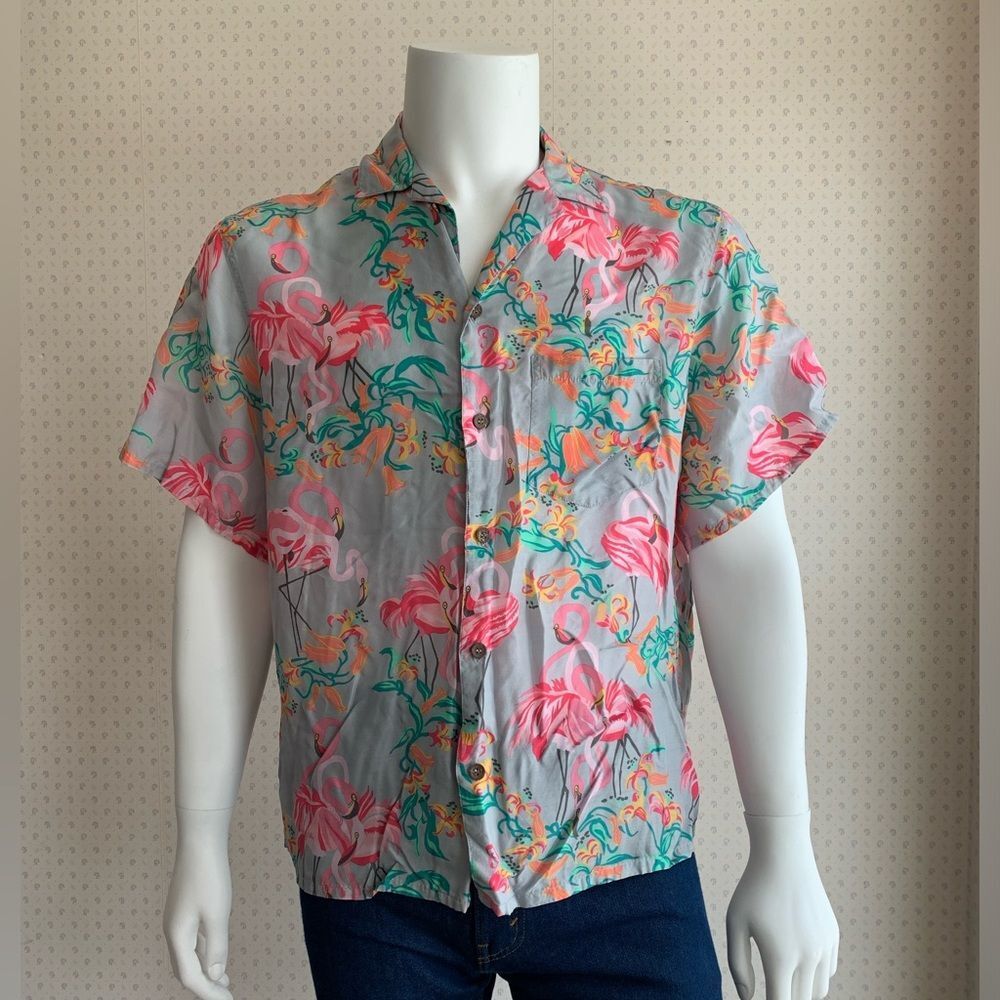 Vintage Pataloha Rare Pink Flamingo Hawaiian Button Down Short Sleeve sz L PWM1